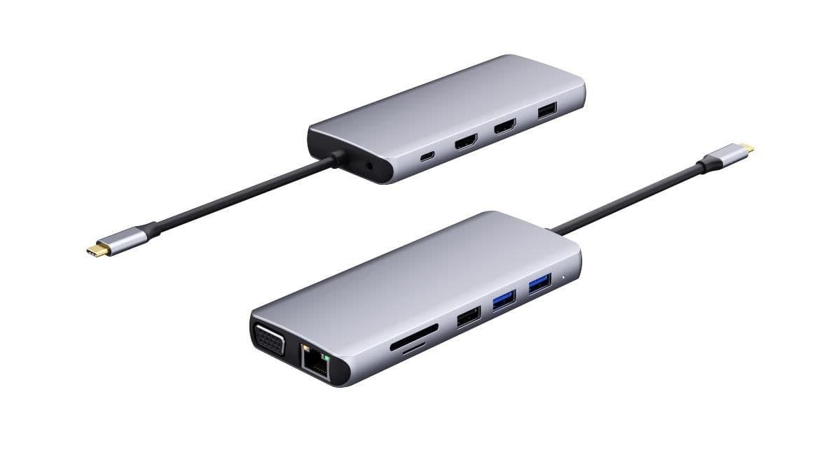 eSTUFF 12-in-1 Triple Display Mobile USB-C Hub, 2x HDMI 4K, VGA, Gigabit RJ-45, 100W PD, SD/microSD - Grey (ES623009)