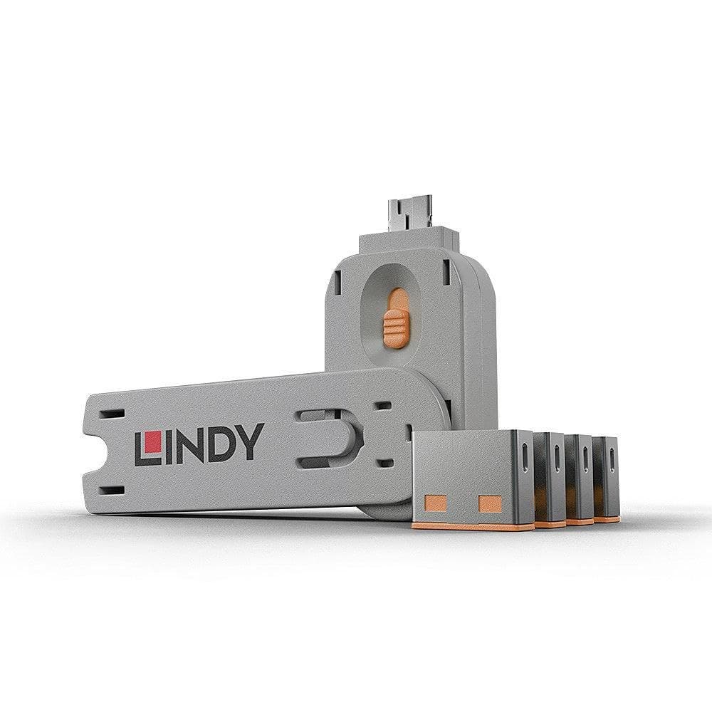 Lindy USB-A Port Blocker Kit, Orange (1x Key, 4x Locks) - Image 1
