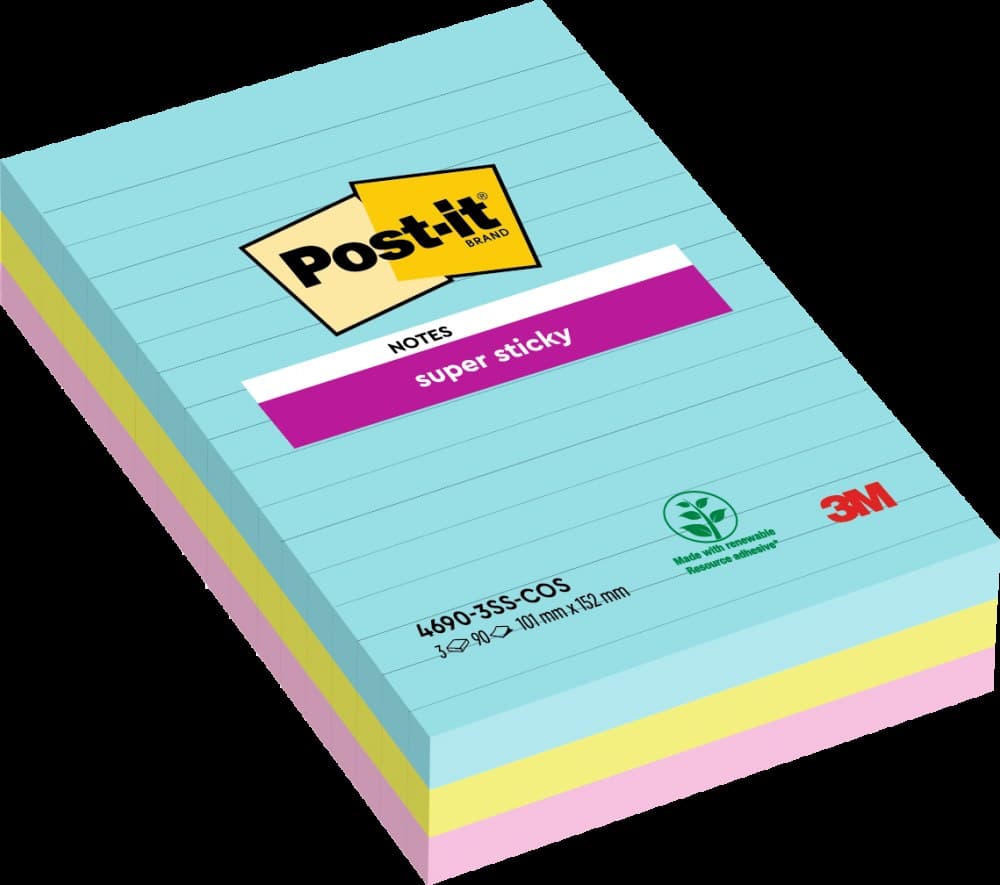 Post-It Pack of 3 Super Sticky Notes 101x152mm Ruled Cosmic Colours