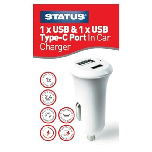 STATUS Car Charger, 12V | Car Charger Adapter White| 2 x USB A & C Ports | S2USBACCC1PK6 - Image 2