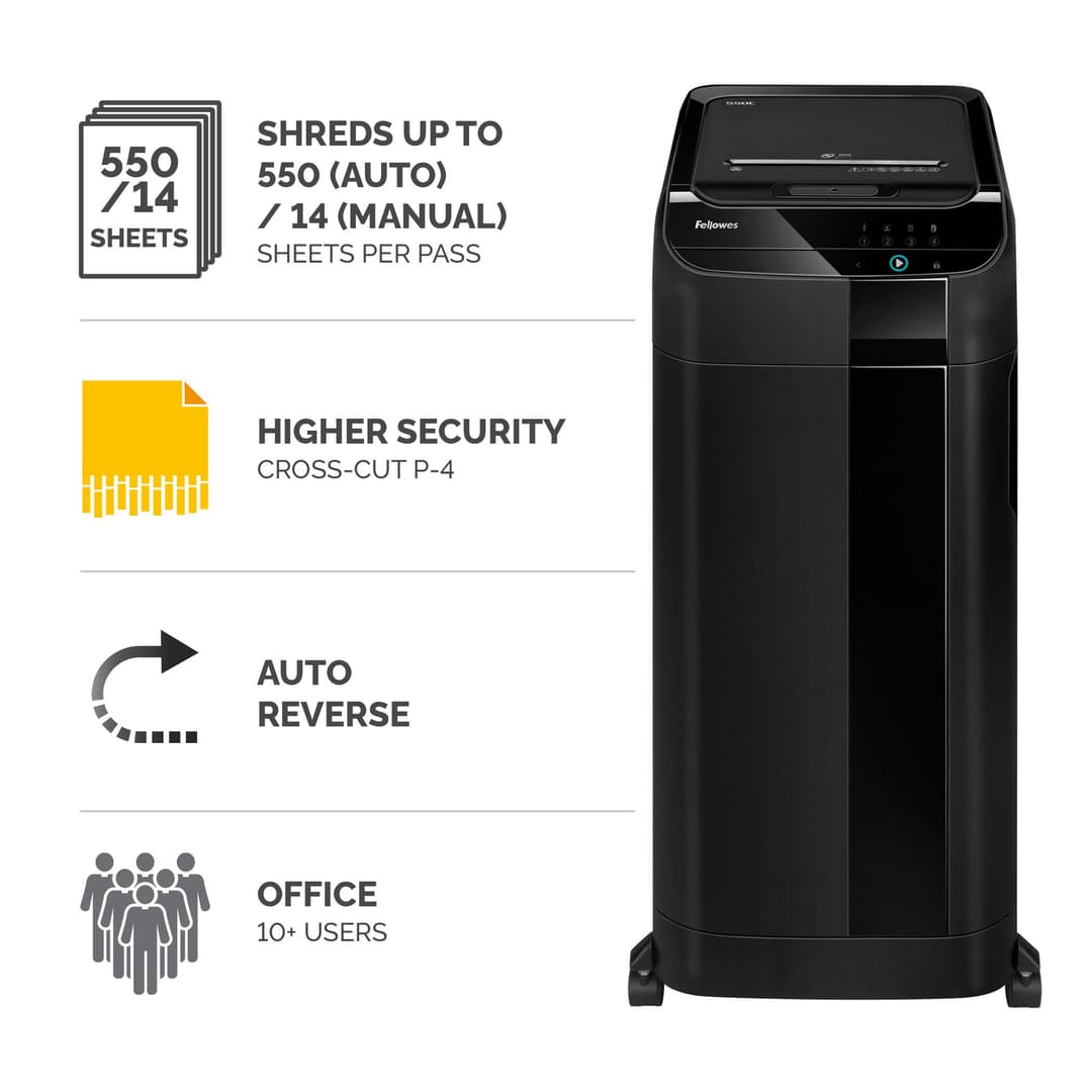 Fellowes Paper Shredder 550 Sheet Auto Feed Cross Cut Shredder AutoMax 550C Shredder with 83 Litre Bin High Security P4 - Image 2