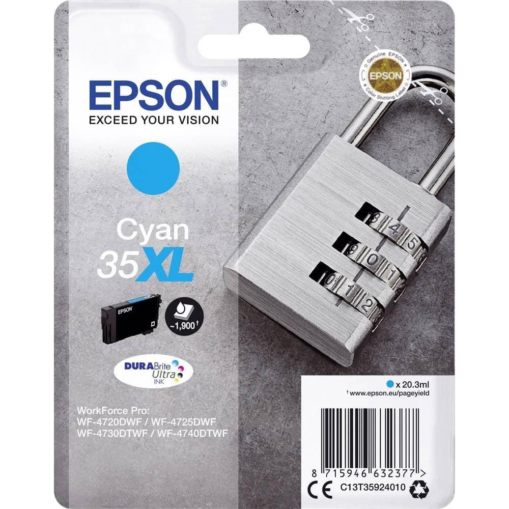 Epson 35XL Padlock DURABrite Ultra Cyan High Yield Genuine Ink Cartridge - 1,900 Pages - Image 1