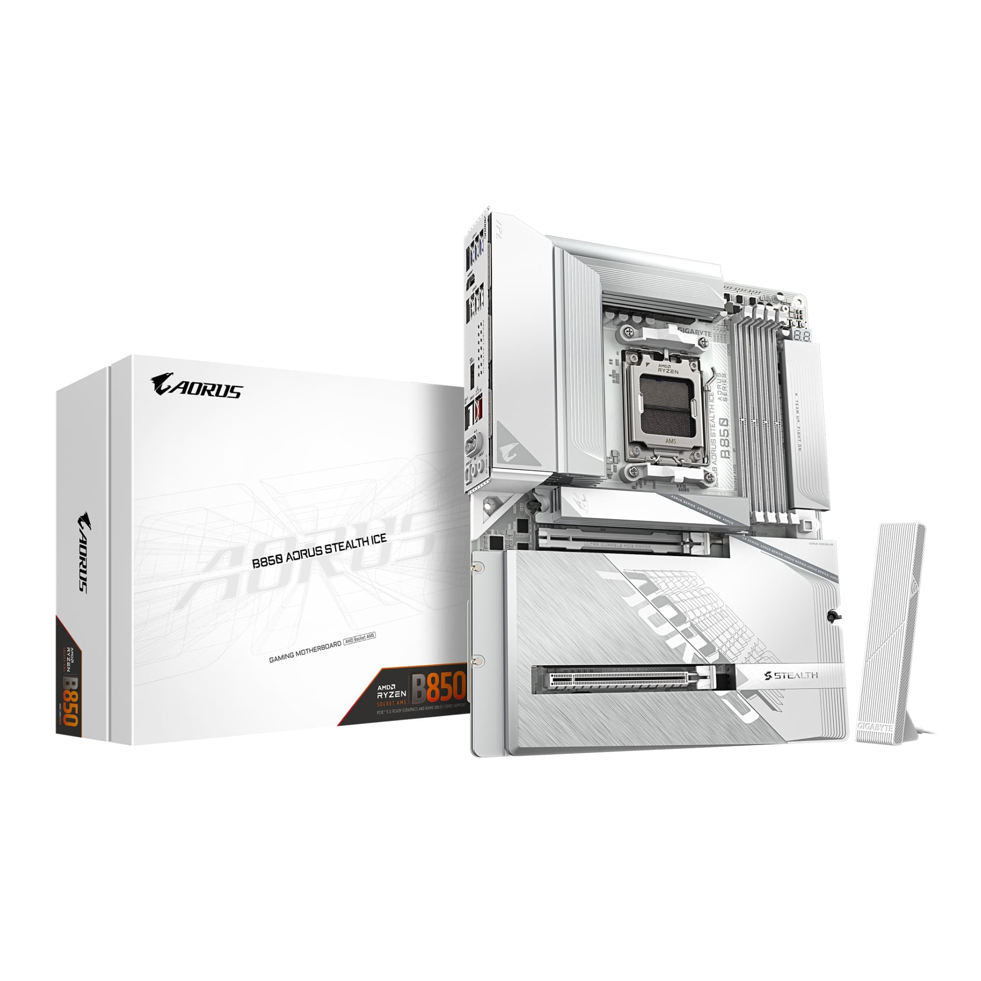 GIGABYTE B850 AORUS STEALTH ICE AMD B850 ATX Socket AM5 DDR5 Wi-Fi 7 Back-Connect Motherboard - White
