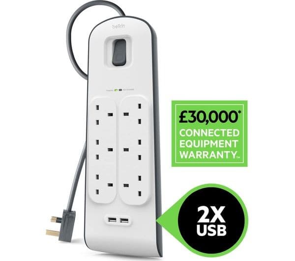 Belkin BSV604 Surge Protected 6-Way Extension Lead with 2 USB Ports - 2 m - Image 2