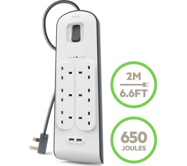 Belkin BSV604 Surge Protected 6-Way Extension Lead with 2 USB Ports - 2 m - Image 3