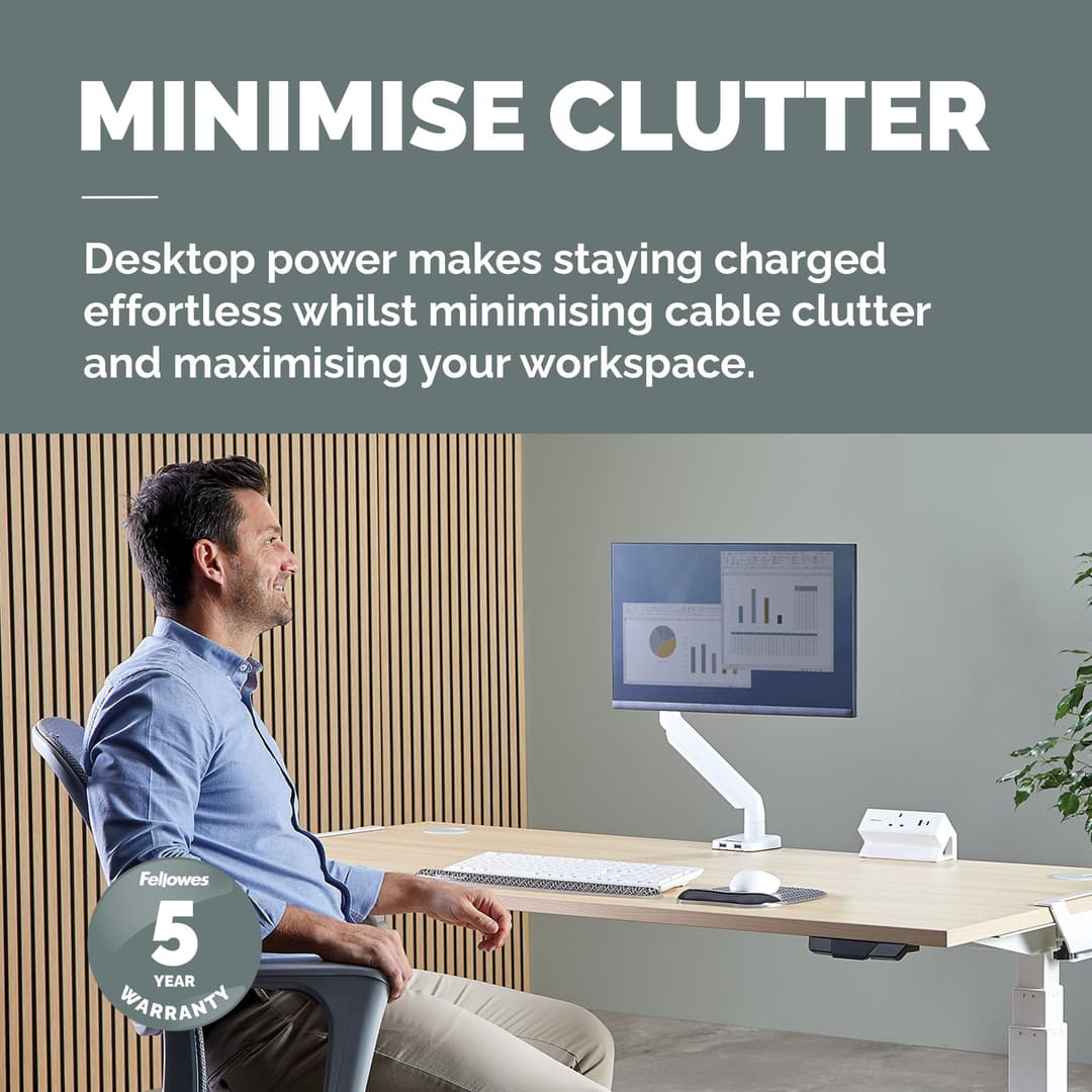 Fellowes Power Desk Socket with 1 Power Socket 1 USB-A & USB-C Ports White - Image 2