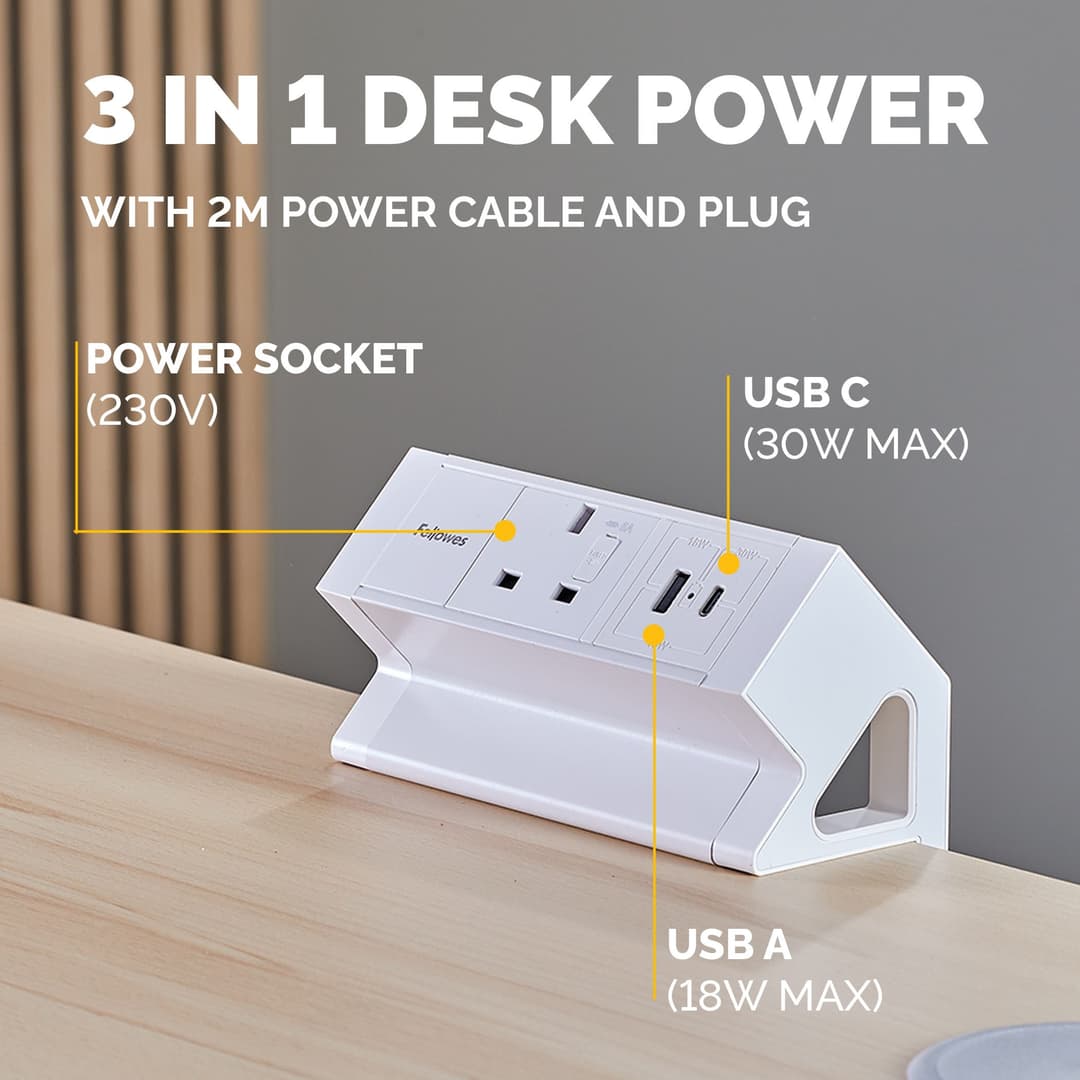 Fellowes Power Desk Socket with 1 Power Socket 1 USB-A & USB-C Ports White - Image 4