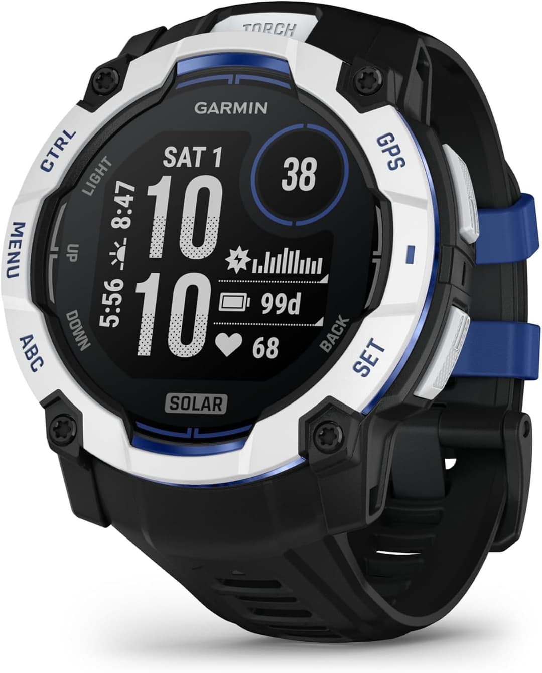 Garmin Instinct 3 Solar 50mm Smartwatch Whitestone with Black/Bolt Blue Band - Image 1