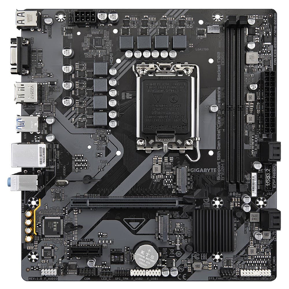 GIGABYTE B760M E Motherboard - Supports 14th Gen. Intel Core CPUs, 6+1+1 phases VRM, up to 7200MHz DDR5 (OC), 2xPCIe 4.0 M.2, 1 GbE LAN, USB 3.2 Gen 1, Intel B760 LGA 1700, micro ATX