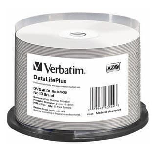 Verbatim DataLifePlus 43754 DVD+R DL 8.5 GB 8x Wide Thermal Printable No ID Brand 50 pc(s) Spindle