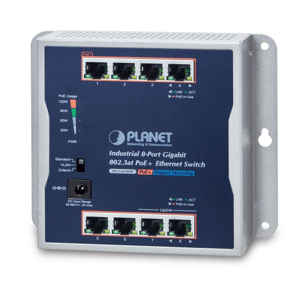 PLANET WGS-818HP IP30 Industrial 8-Port 10/100/1000T Wall-mounted Gigabit 802.3at PoE+ Switch - Image 1