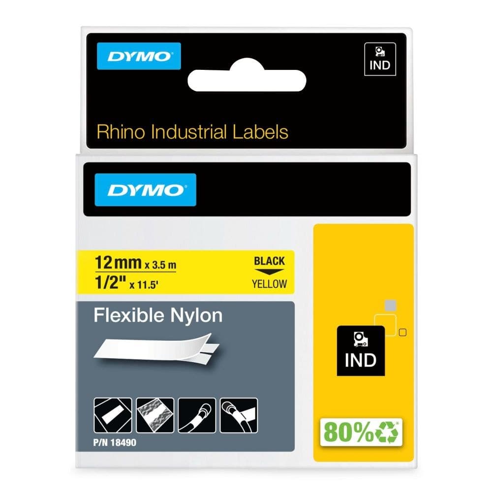 Dymo Rhino 18490 Flexible Nylon Tape 12mm x 3.5m - Black on Yellow