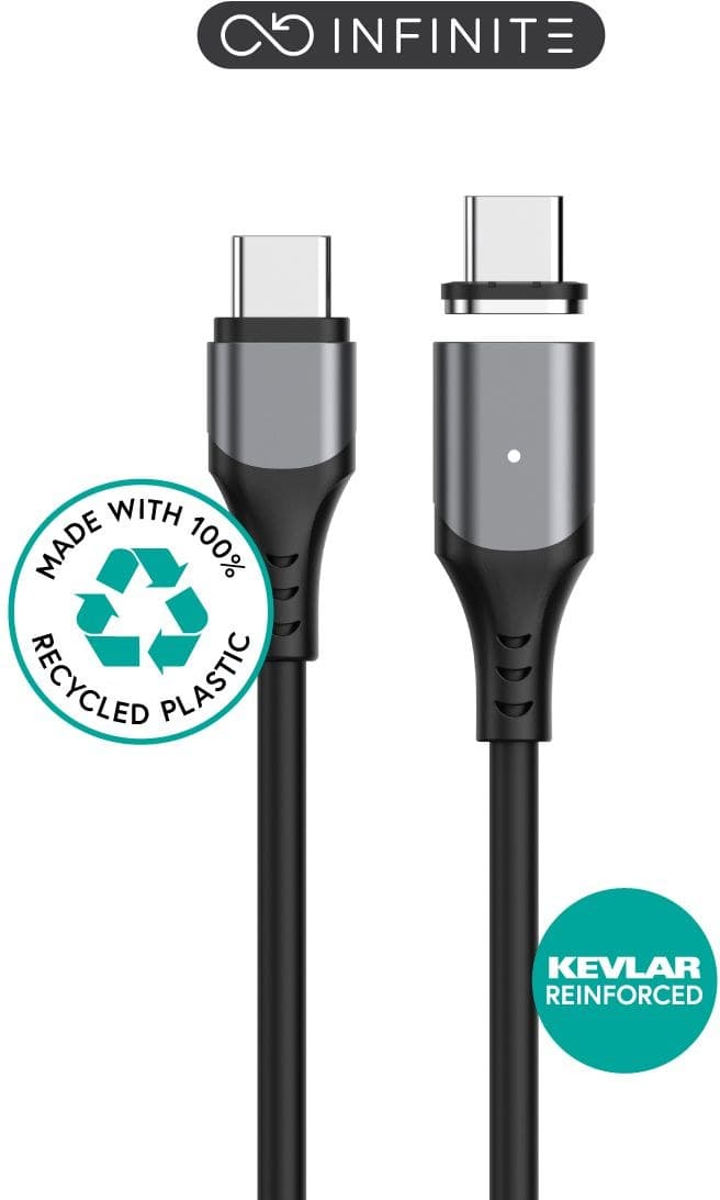 eSTUFF INFINITE (GRS) ES604265-BULK Magnetic USB-C to USB-C Cable 2m Black, USB 2.0, 100W PD, 480Mbps, 2 x USB-C Tips Included