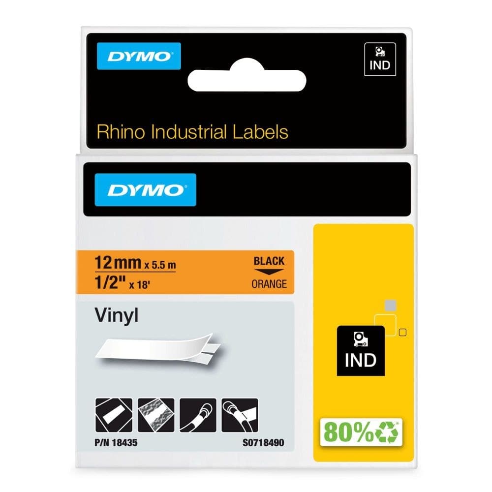 Dymo Rhino 18435 12mm x 5.5m Black on Orange Vinyl Tape - S0718490 - Image 1