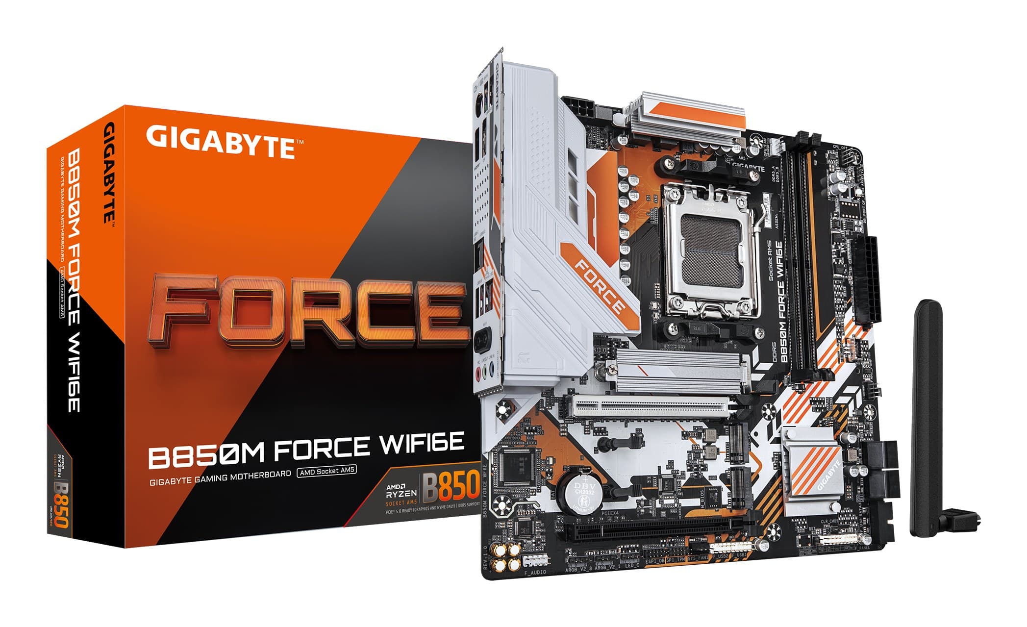 GIGABYTE B850M FORCE WIFI6E AMD B850 Micro-ATX Socket AM5 Motherboard - AMD Ryzen 9000 Series CPUs, 8+2+2 Phases Digital VRM, up to 9600MHz DDR5 (OC), 1xPCIe 5.0 + 2xPCIe 4.0 M.2, Wi-Fi 6E, 2.5 GbE LAN, USB 3.2 Gen 2