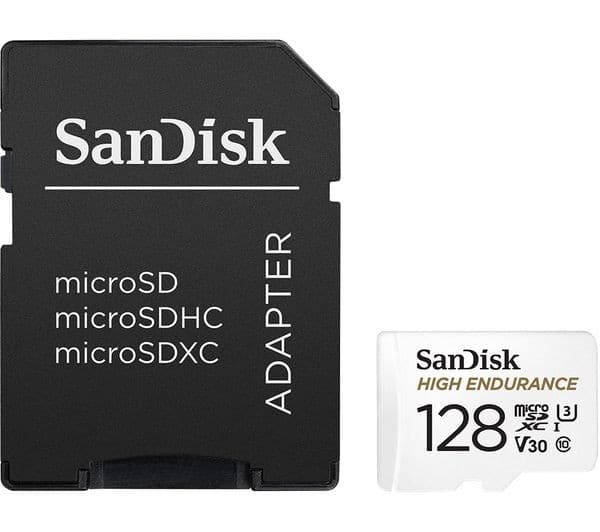 SanDisk High Endurance 128GB microSDXC UHS-I Memory Card with SD Adapter (Class 10, U3, V30, 100MB/s)