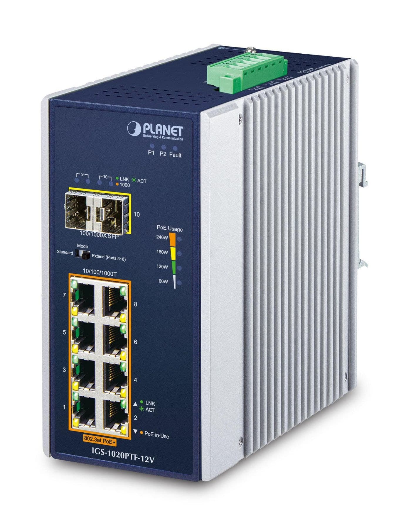 PLANET IGS-1020PTF-12V IP30 Industrial 8-Port 10/100/1000T 802.3at PoE + 2-Port 100/1000X SFP Unmanaged Ethernet Switch w/ 12V Booster (-40 to 75°C, DIN-Rail)