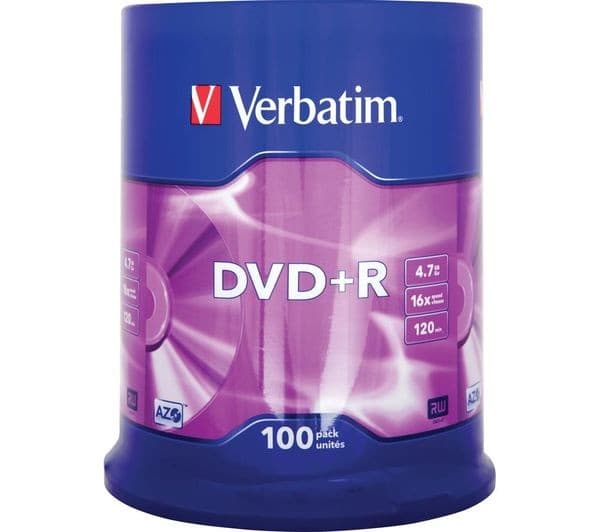 VERBATIM AZO DVD+R 4.7GB 16x Speed Matt Silver Blank DVDs - Pack of 100 Spindle (43551)