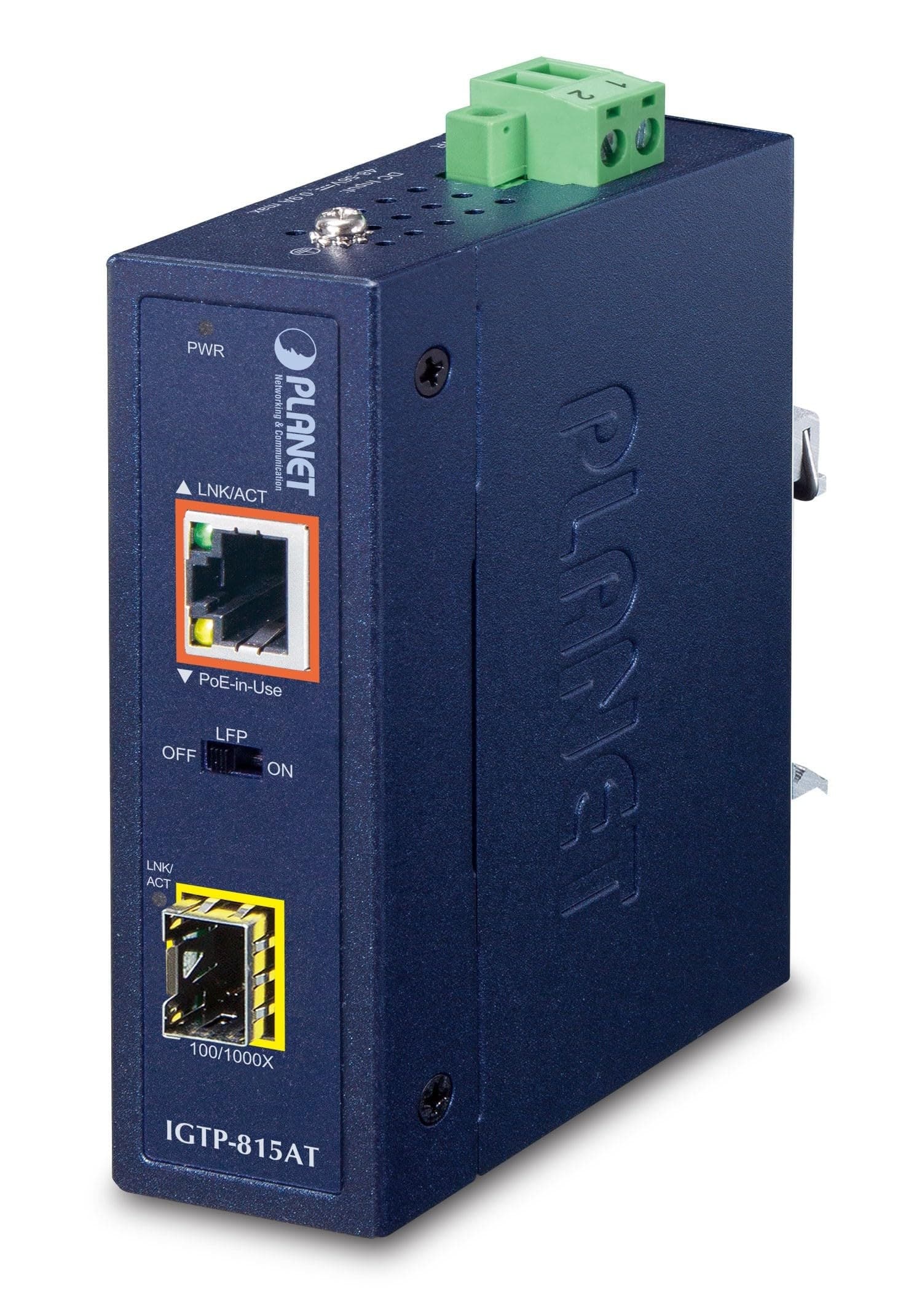 Planet IP30 Compact Size Industrial 100/1000BASE-X SFP to, IGTP-815AT (100/1000BASE-X SFP to 10/100/1000BASE-T 802.3at PoE+ Media Converter (-40 to 75 C))