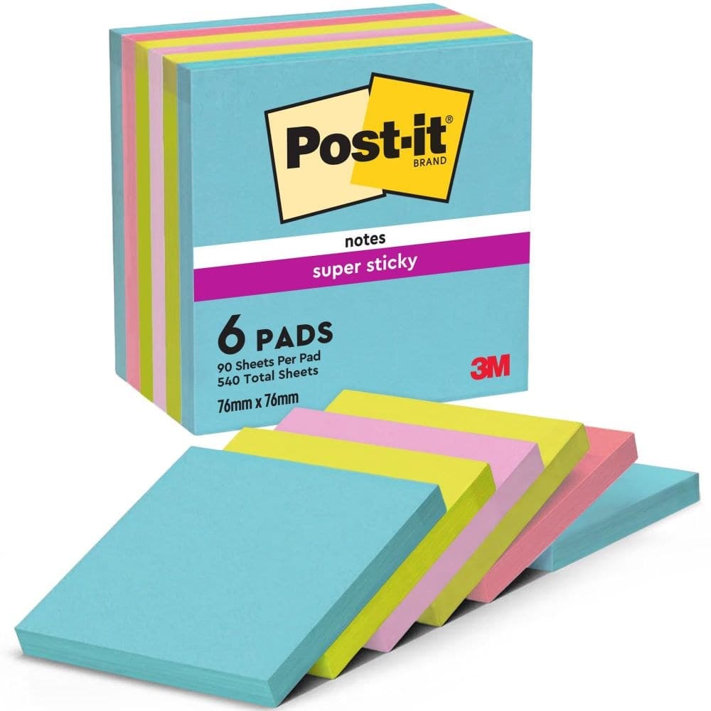 Post-It Pack of 6 Super Sticky Notes 76x76mm 90 Sheets Cosmic Colours