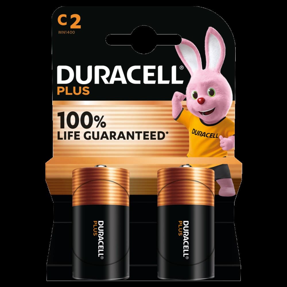 Duracell Plus 100% Extra Life Alkaline Power C Pack of 2