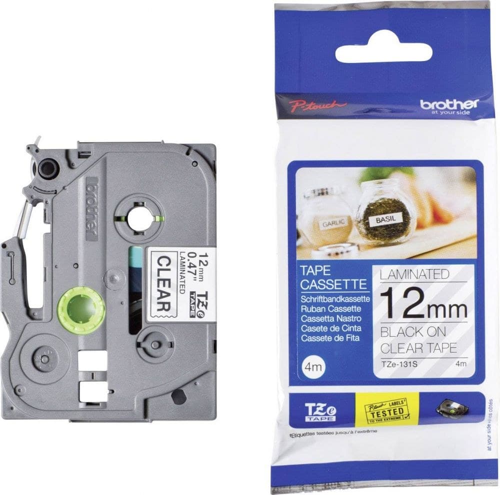 Brother TZE131S Black on Clear 4M x 12mm Gloss Tape - Image 1