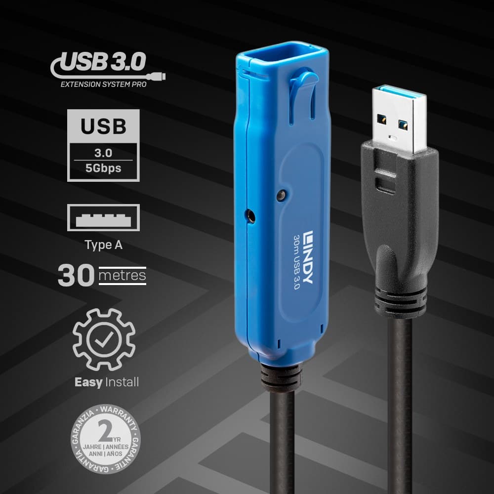 Lindy 30m USB 3.0 Active Extension Pro, Type A to A, 5Gbps - Image 2