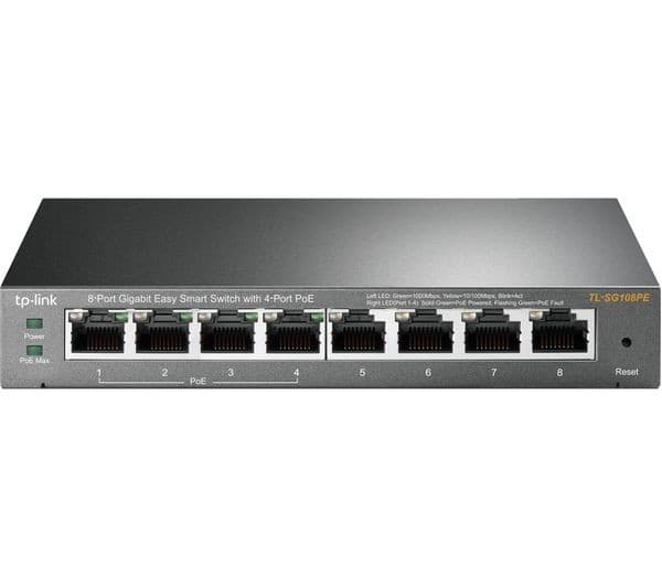 TP-Link TL-SG108PE 8-Port Gigabit Easy Smart Network Switch with 4-Port PoE+ - Gun Metal Grey
