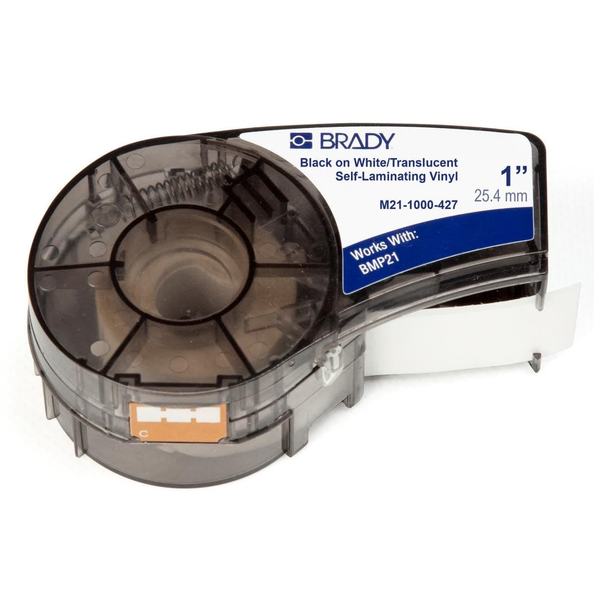 Brady M21-1000-427 Self-Laminating Vinyl Label Tape 25.40mm x 4.30m Black on White/Clear for M210/M211/BMP21-PLUS/BMP21-LAB/BMP21