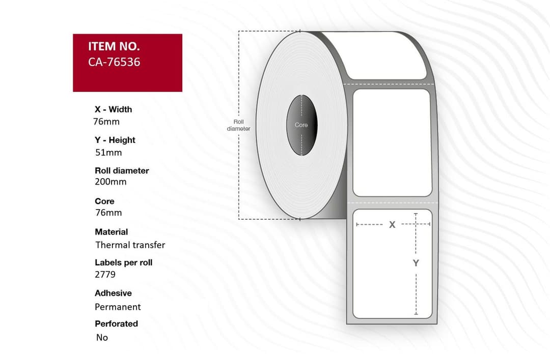 Capture CA-76536 Thermal Transfer Labels 76 x 51mm, Core 76mm, Permanent, No Perforation, 2779 Labels per Roll, 6 Rolls per Box - Image 1