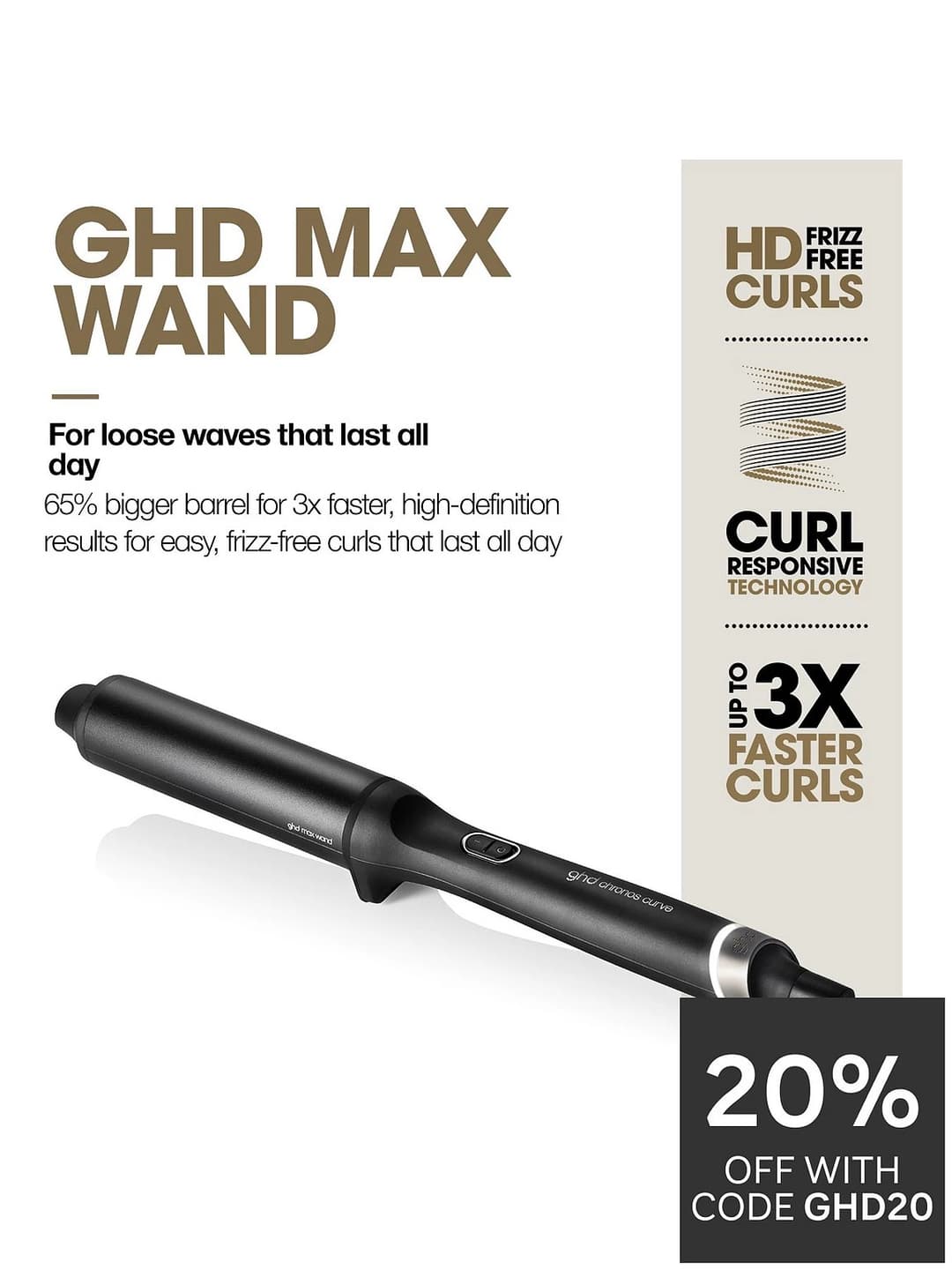 ghd Chronos Curve Max Wand 38mm Hair Curler Curl-Responsive Technology 185°C 2.7m Cable - Black - Image 3