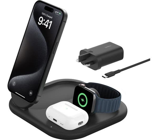 Belkin BoostCharge 3-in-1 Magnetic Foldable Wireless Charger with Qi2 15W Black