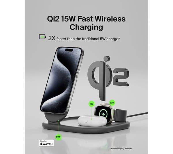 Belkin BoostCharge 3-in-1 Magnetic Foldable Wireless Charger with Qi2 15W Black - Image 2