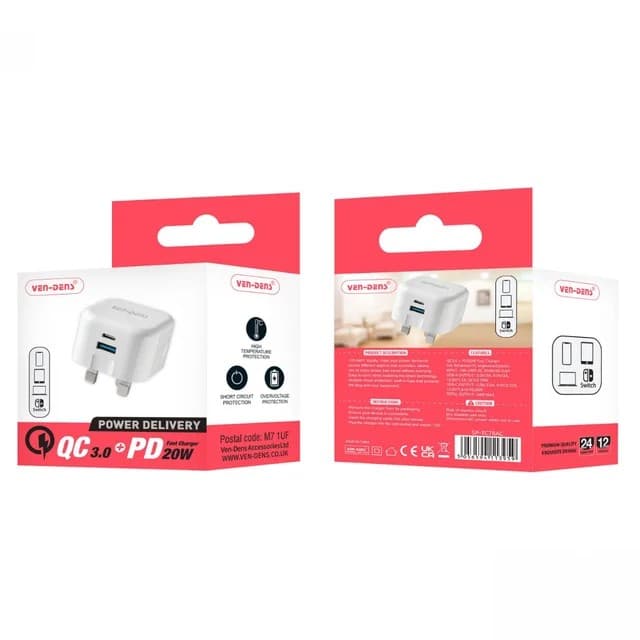 Ven-Dens Dual Port QC 3.0 + PD 20W Fast Charger Wall Plug, USB-C + USB-A, SP-TC78AC - White - Image 2