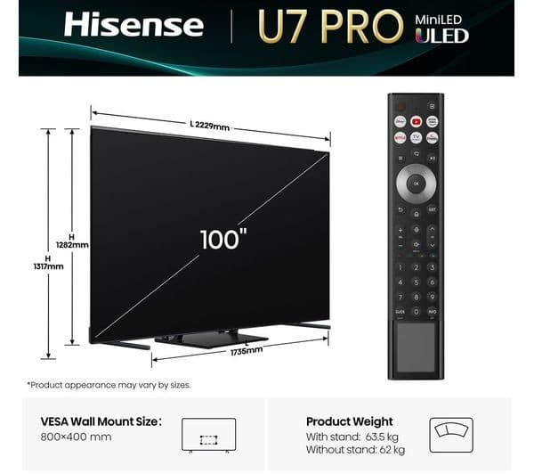 HISENSE U7Q PRO 100" Mini LED 4K 165Hz Smart AI TV with Freely - 100U7QTUK PRO - Image 2