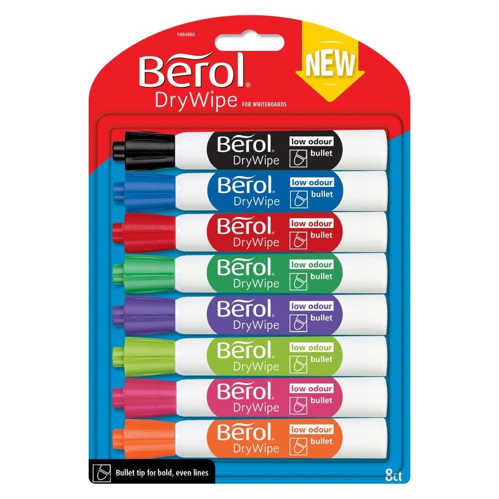 Berol Dry Wipe Whiteboard Marker Pens Assorted colours Bullet Tip Pack of 8