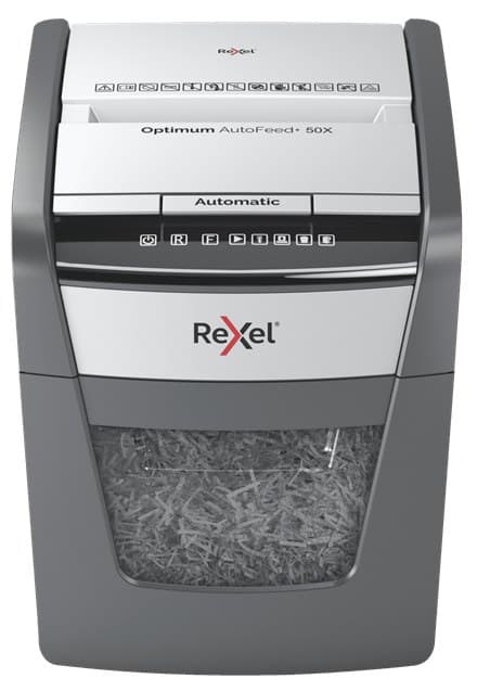 Rexel Optimum AutoFeed+ 50X Automatic Paper Shredder Cross-Cut P-4 50 Sheet Auto Feed 20L Bin 55 dB 22 cm Entry Width Black, Silver - Image 1