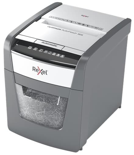 Rexel Optimum AutoFeed+ 50X Automatic Paper Shredder Cross-Cut P-4 50 Sheet Auto Feed 20L Bin 55 dB 22 cm Entry Width Black, Silver - Image 2