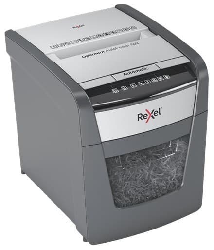 Rexel Optimum AutoFeed+ 50X Automatic Paper Shredder Cross-Cut P-4 50 Sheet Auto Feed 20L Bin 55 dB 22 cm Entry Width Black, Silver - Image 3