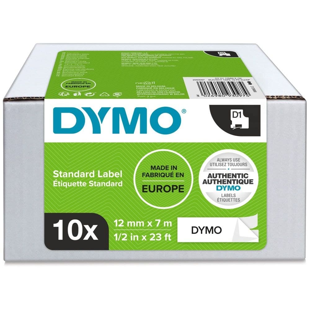 Dymo 45013 D1 12mm x 7m Black on White Tape Pack of 10 - Image 1