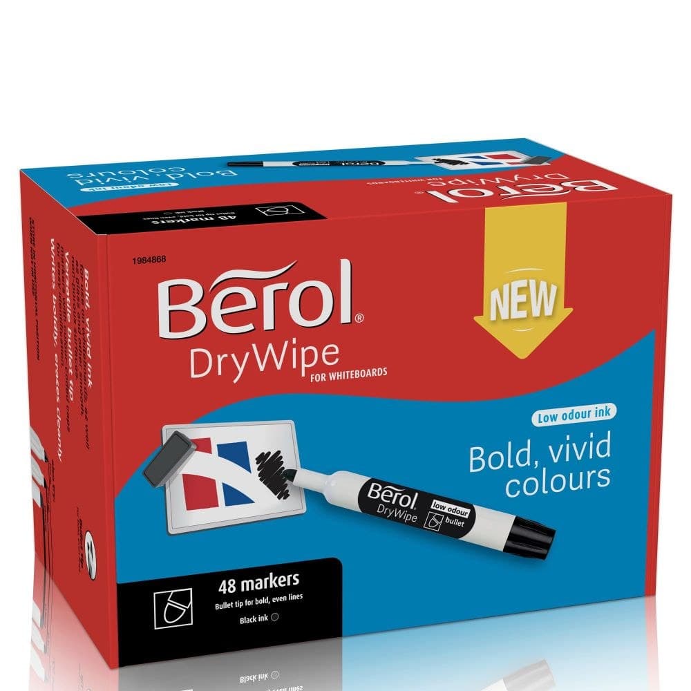 Berol Dry Wipe Whiteboard Marker Pens Black Bullet Tip Pack of 48 - Image 1