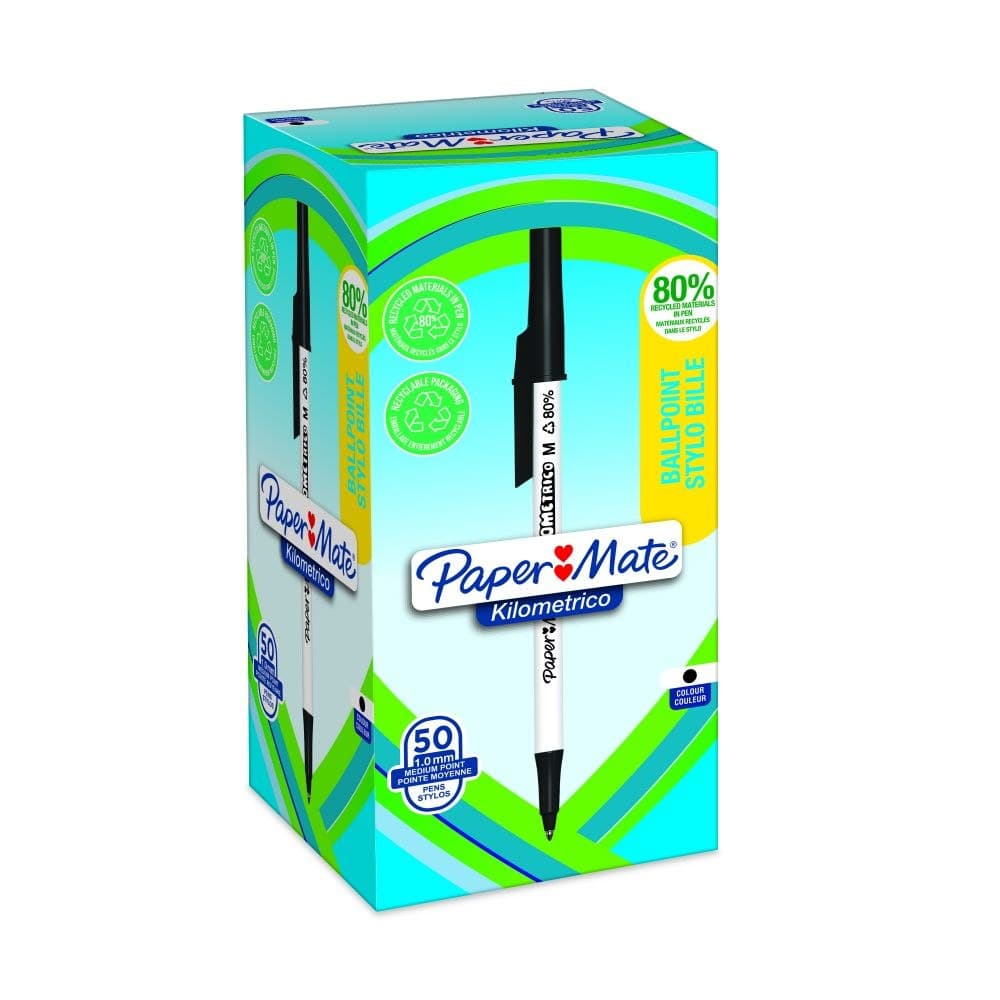 Paper Mate 2187701 Kilometrico Recycled Black Ball Pen Medium Point 1.0mm pack of 50 pens - Image 1