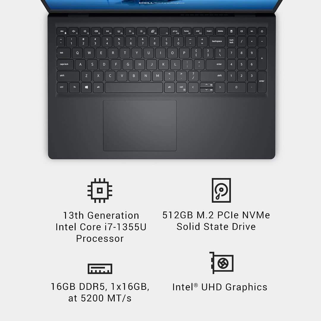 Dell 15 DC15250 Laptop 15.6" FHD 120Hz, Intel Core i7-1355U, 16GB RAM, 512GB SSD, Windows 11 Home, Carbon Black - Image 9