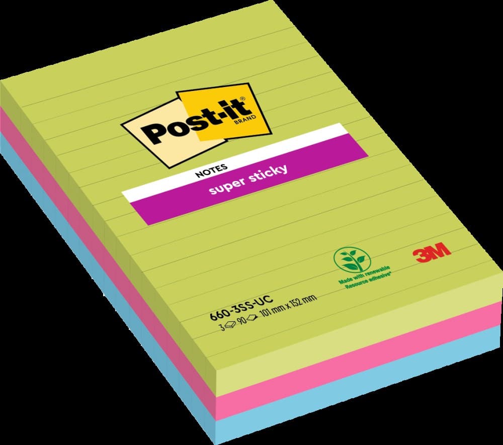Post-it Pack of 3 Super Sticky Notes 102x152mm Ruled 90 Sheets Ultra Colours - Image 1