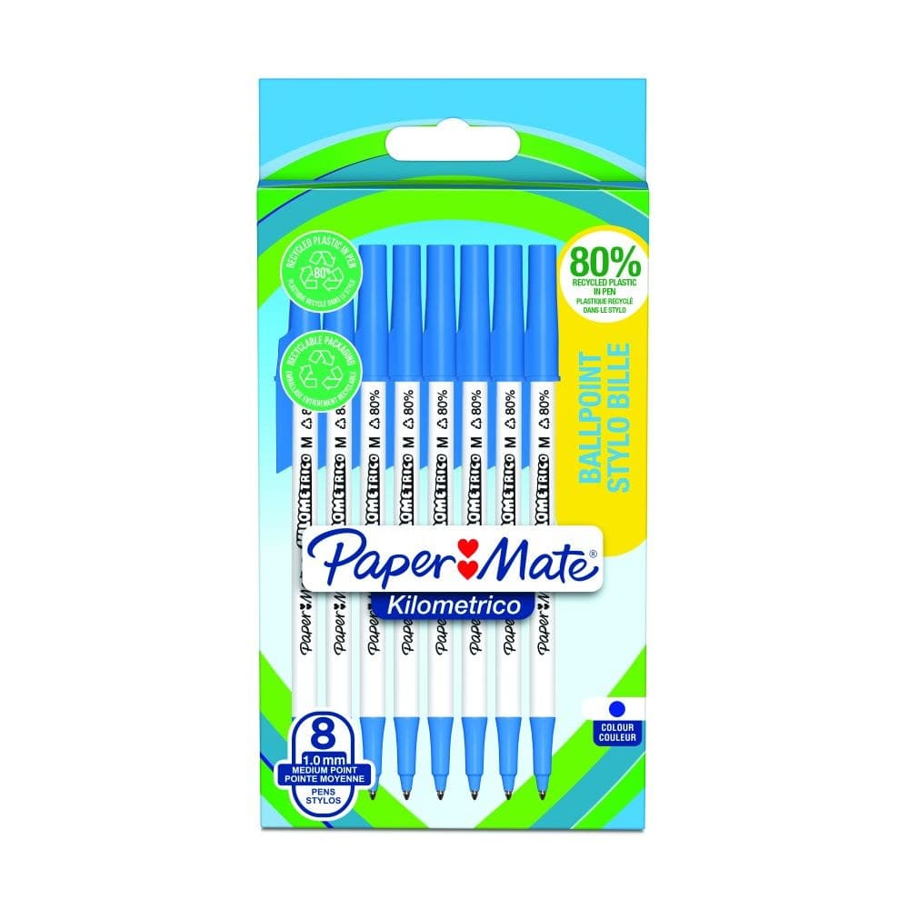 Paper Mate 2187679 Kilometrico Recycled Blue Ball Pen pack of 8 pens - Image 1