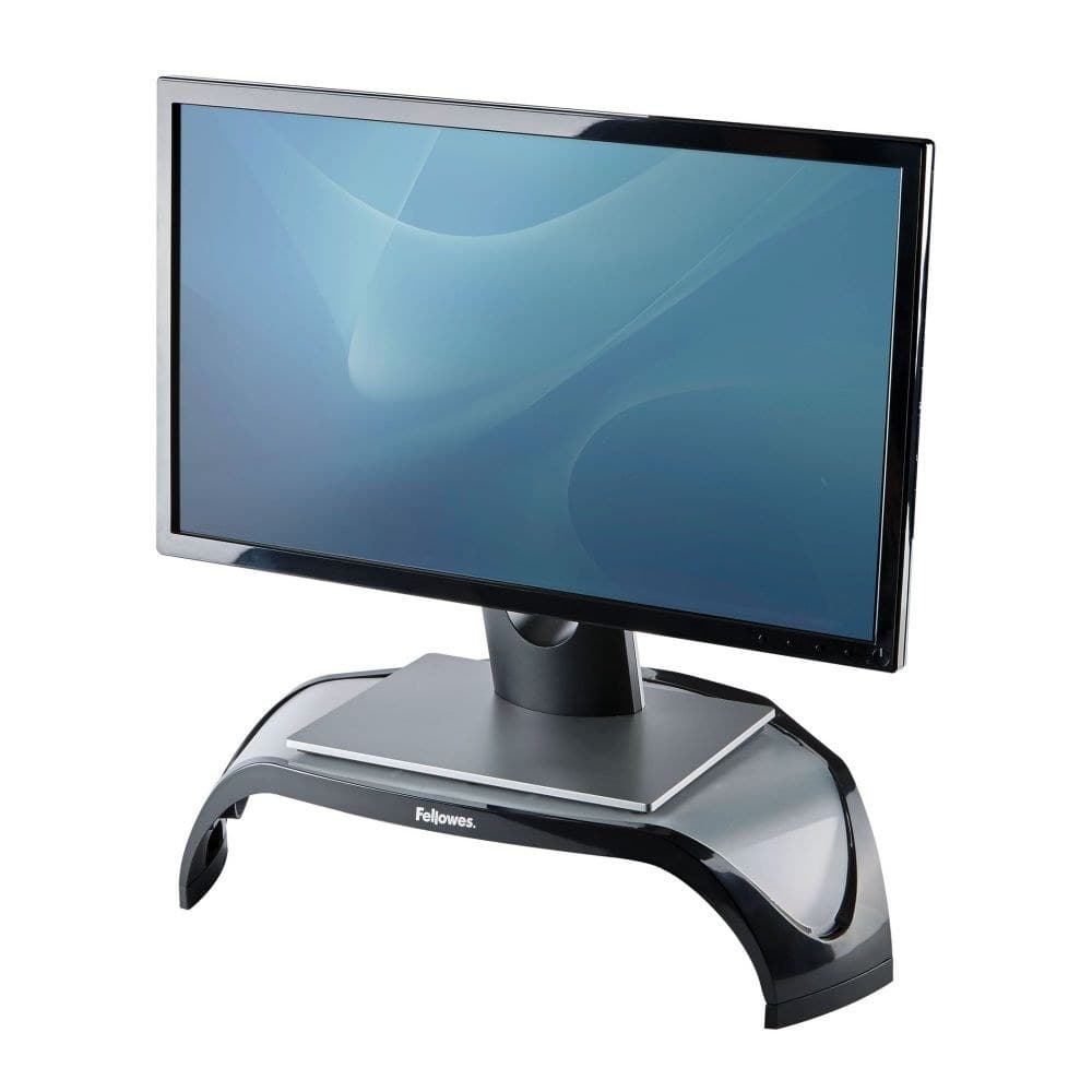 Fellowes 8020101 Smart Suites Corner Monitor Riser - Height Adjustable Monitor Stand with 3 Height Settings (100-130mm) - Max Weight 10kg / Max Screen 21in - Black/Silver - Image 1
