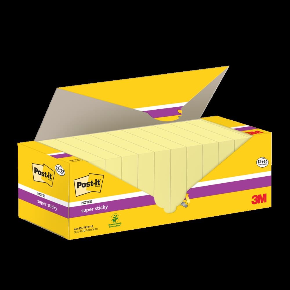Post-it Pack of 12 Super Sticky Notes Value Pack 76mmx76 mm (+12 free) - Image 1