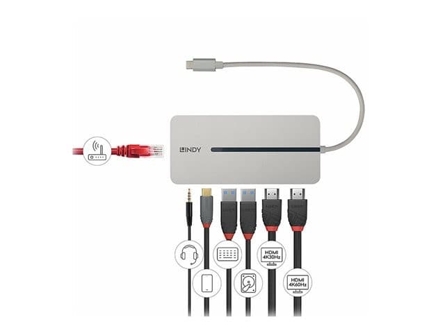 Lindy DST-Mx Duo USB-C Docking Station, 2x 4K HDMI, 100W PD, Gigabit Ethernet (43360), Silver White - Image 3