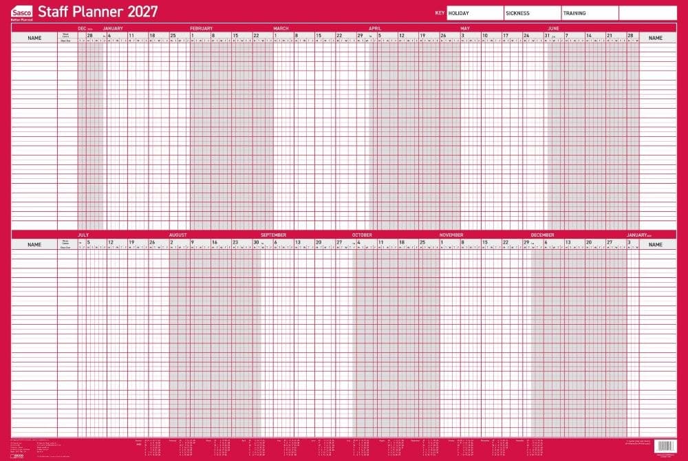 Sasco 2027 Unmounted Staff Year Wall Planner 915 x 610mm