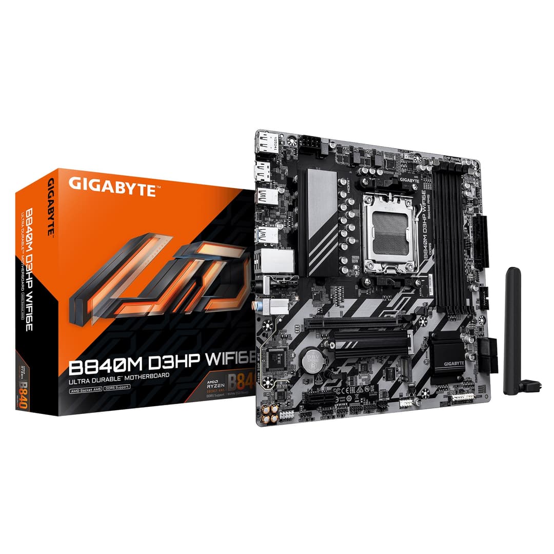 GIGABYTE B840M D3HP WIFI6E AM5 Micro-ATX Motherboard - AMD Ryzen 9000 CPUs, 8+2+2 Phases VRM, up to 8200MHz DDR5(O.C), 2xPCIe 4.0 M.2, Wi-Fi 6E, 1GbE LAN, USB 3.2 Gen 2 - Image 1